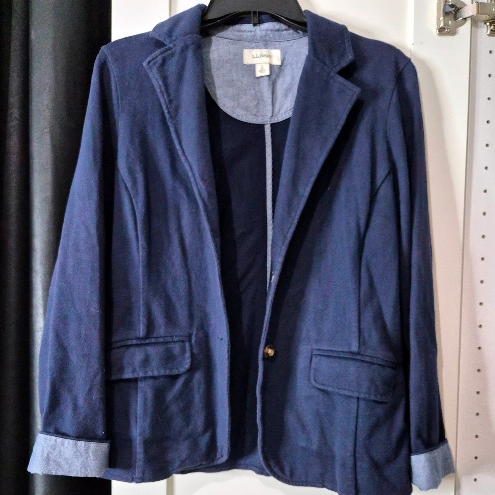 L.L.Bean Navy Blue Cotton Knit Blazer‎ Jacket Size Small Regular